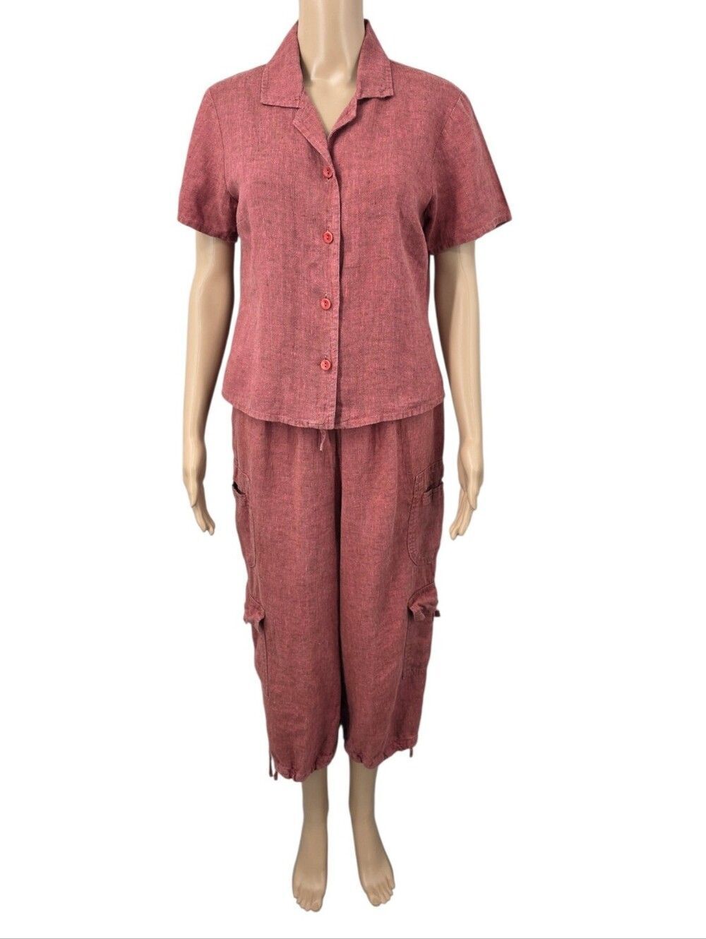 Flax Short-Sleeve Button-Down Top and Matching Crop Cargo Pants Set Deep Mauve